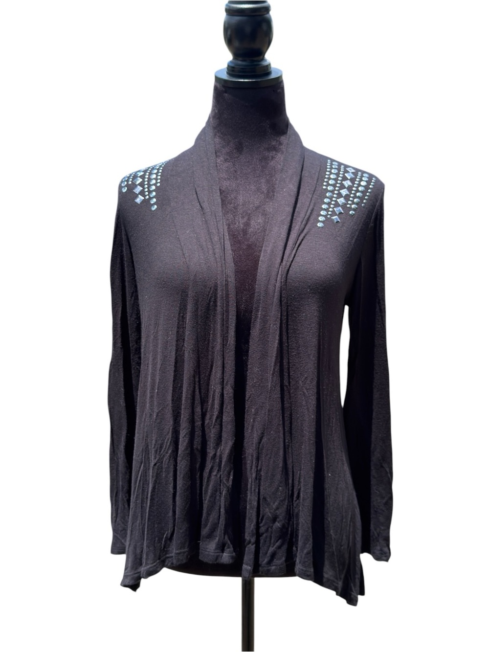 Agenda Black Studded Shoulder Draped Open Front Cardigan Sweater Large